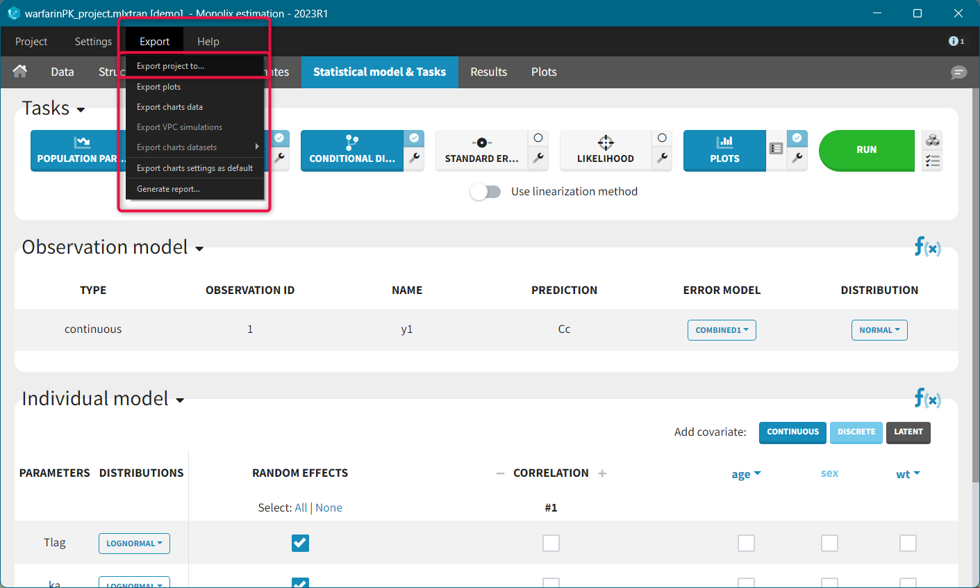 Export a Monolix project